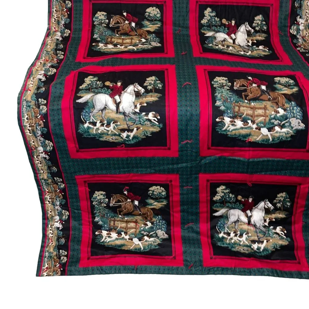 Handmade Vintage 70's Equestrian Horse Rider Beagle Hunting Pocket Quilt 70 X 43